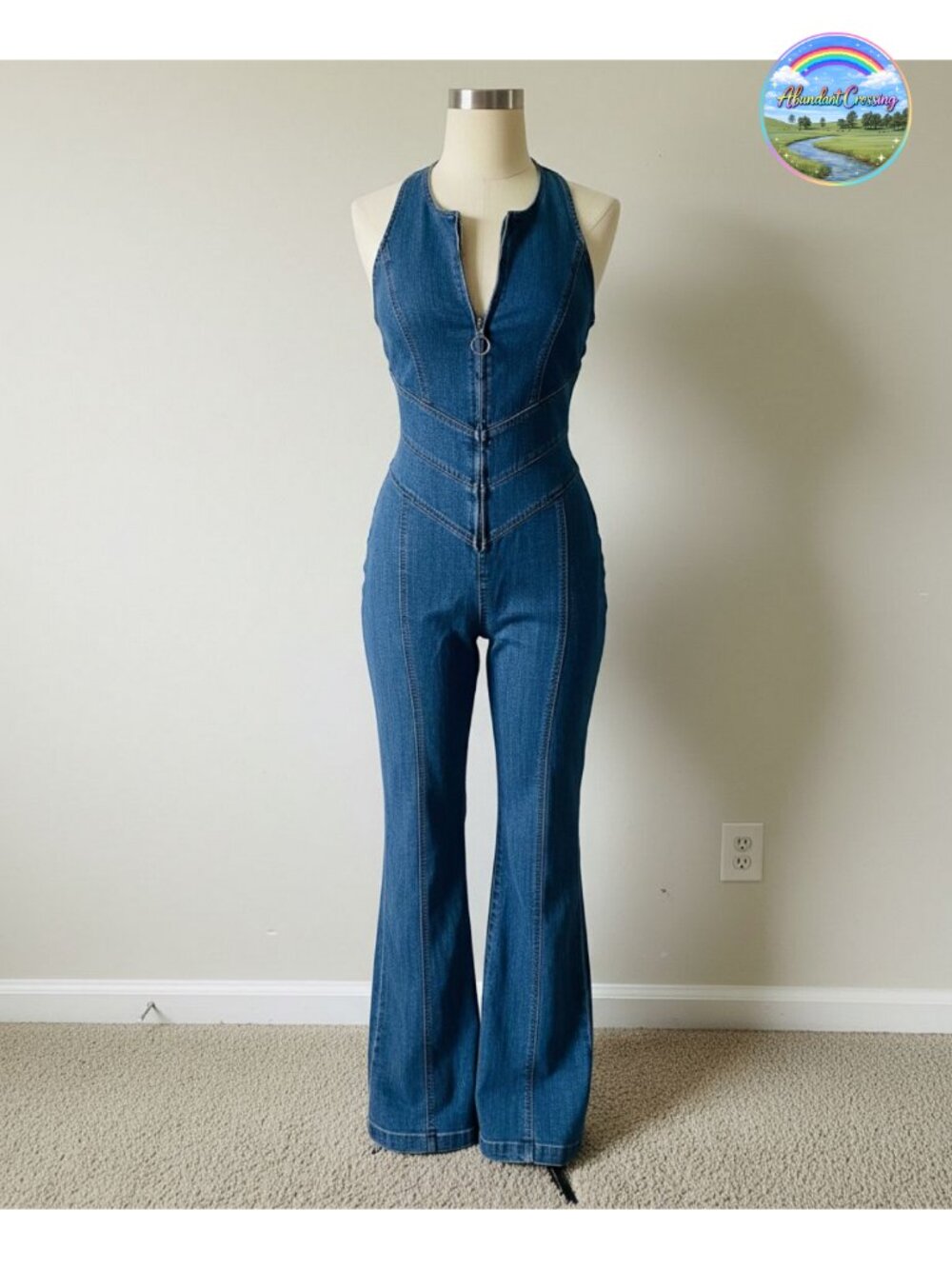 Sleeveless High Waist Denim Jumpsuit Slim Fit Wide Leg Backless Zip